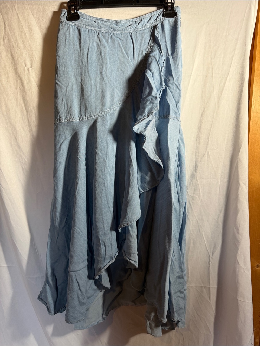Sugarlips Dusty Blue High-Low Ruffle Maxi Skirt Denim Maxi Country Western
